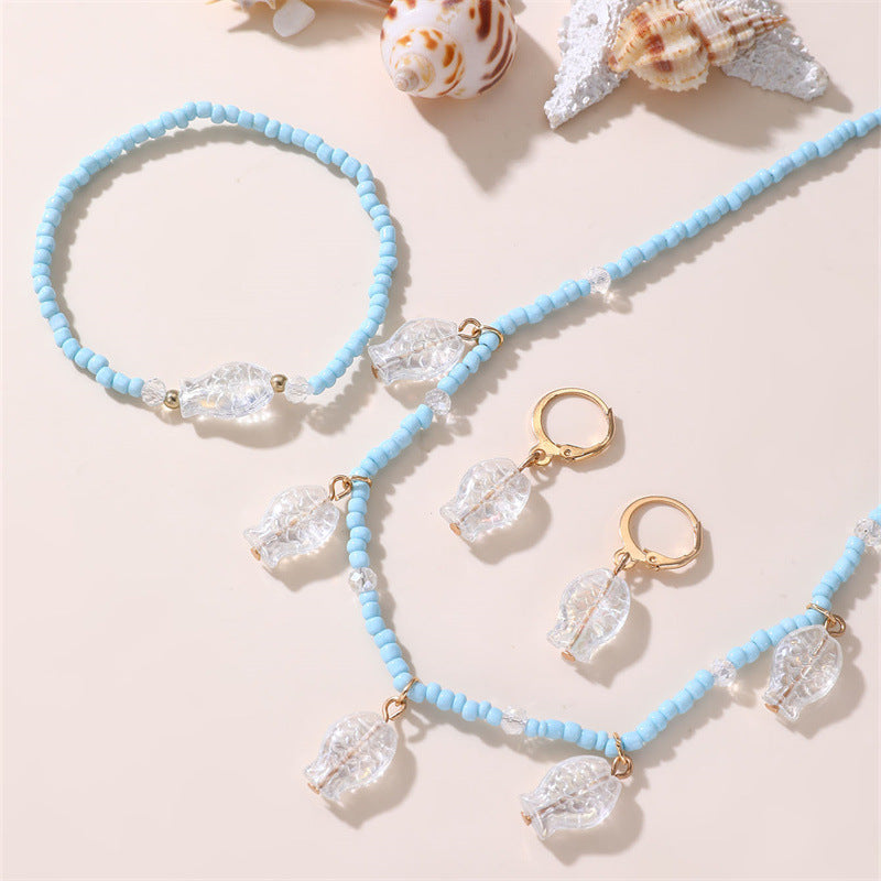 Set Collana con Fiocco Minimalista Blu Perla per Bambini con Bracciale Abbinato, Orecchini a Clip e Anello in Resina
