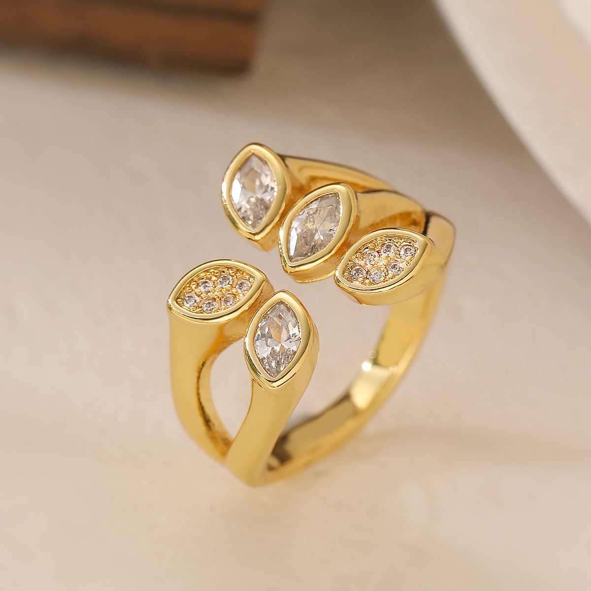 Minimalist Irregular Geometric Copper Ring with 18K Gold Plating and Zircon for Women