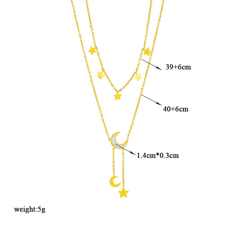 Collana a strati in acciaio al titanio con pendente minimalista a forma di stella e luna geometrica con dettaglio nappa da donna