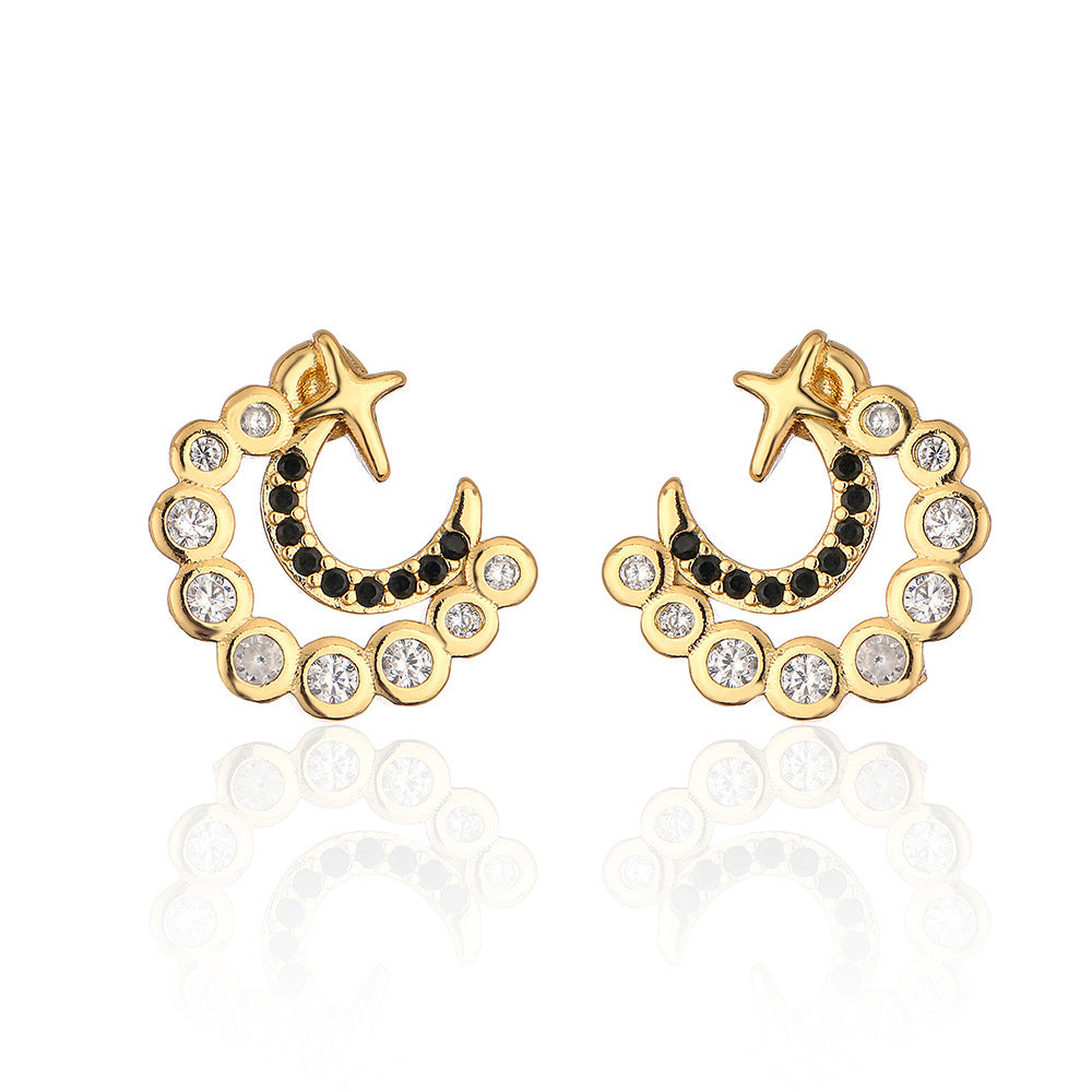 Minimalist Geometric Moon and Star Stud Earrings in Copper with 18K Gold Plating and Micro-Pave Zirconia