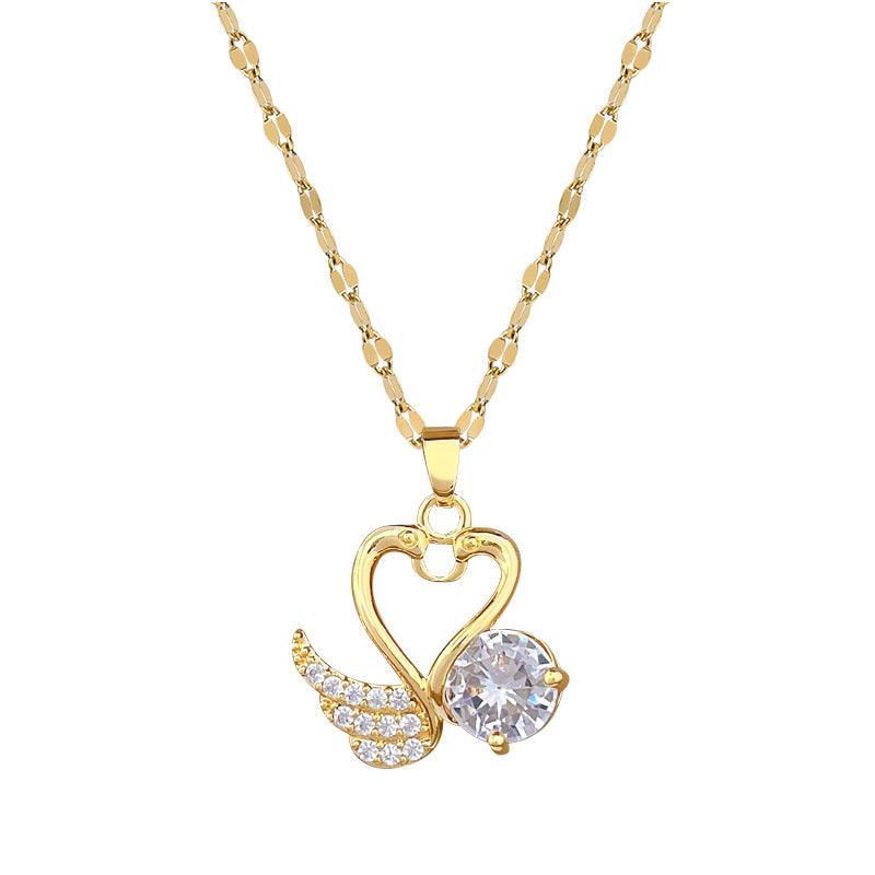 Sweet Heart Rhinestone Titanium Steel Necklace Unisex Cable Chain
