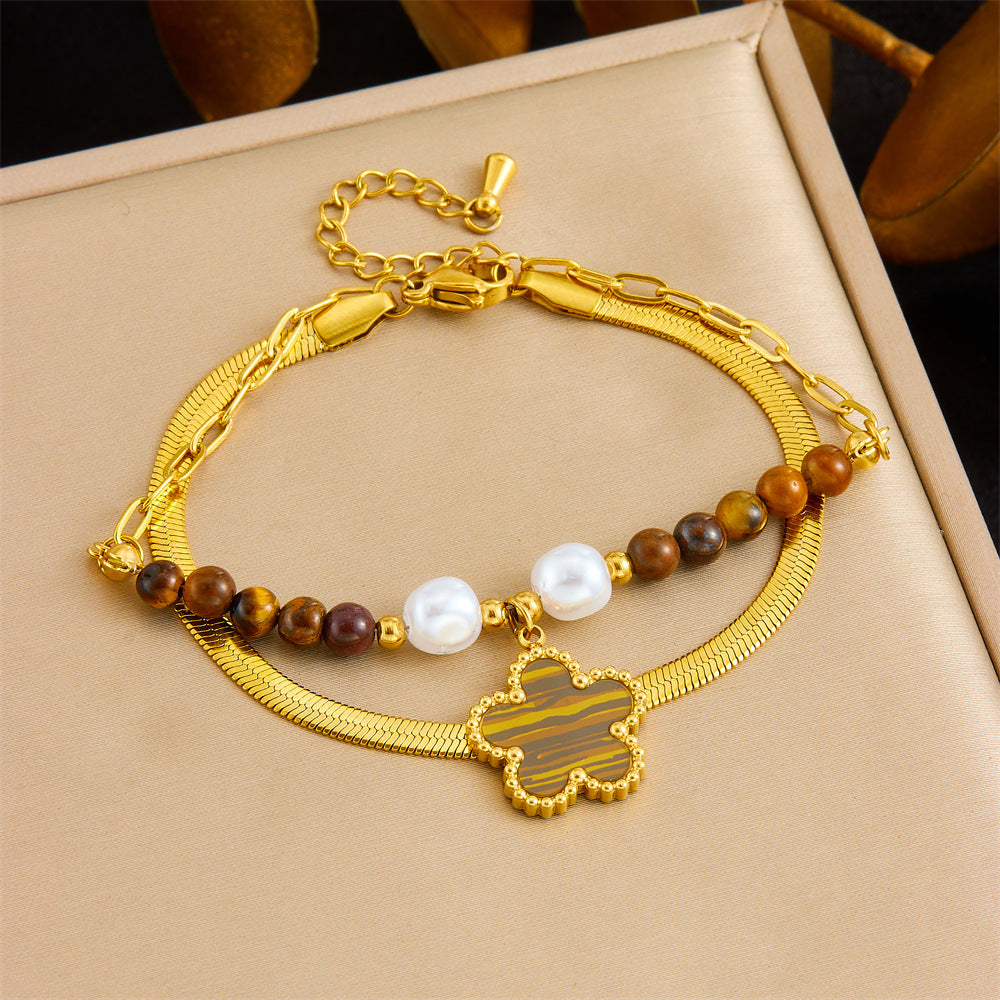 Vintage Tiger Eye Agate Beaded Double Layer Floral Stainless Steel Bracelet for Women