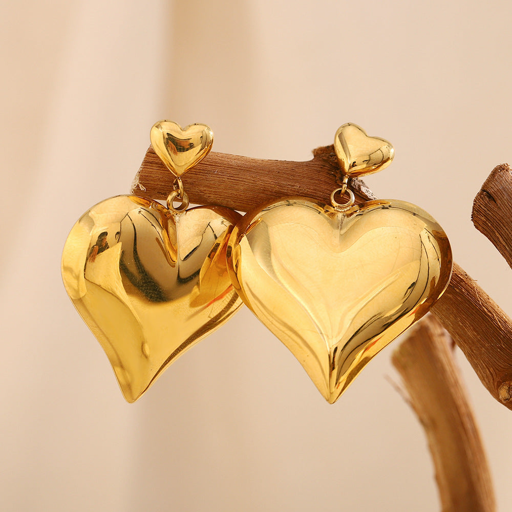 Minimalist French-Inspired Stainless Steel Heart-Shaped Earrings with 18K Gold Plating for Women