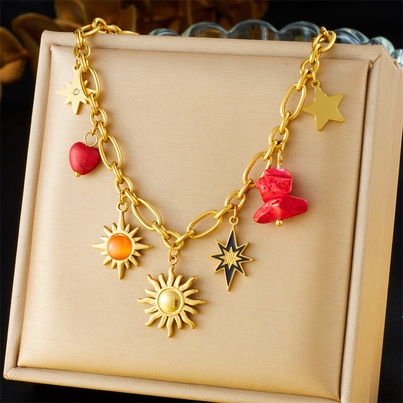 Vintage Double Layer Stainless Steel Necklace with Rhinestone and Drip Oil Cherry Heart Star Charms