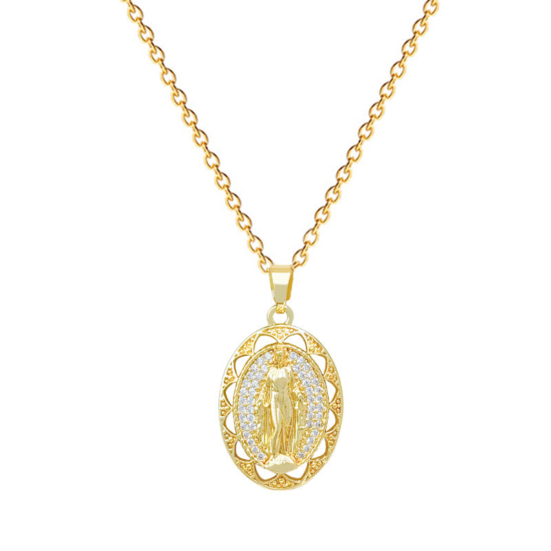 Sweet Minimalist Oval Geometric Hollow Portrait Rhinestone Pendant Titanium Steel Necklace for Unisex