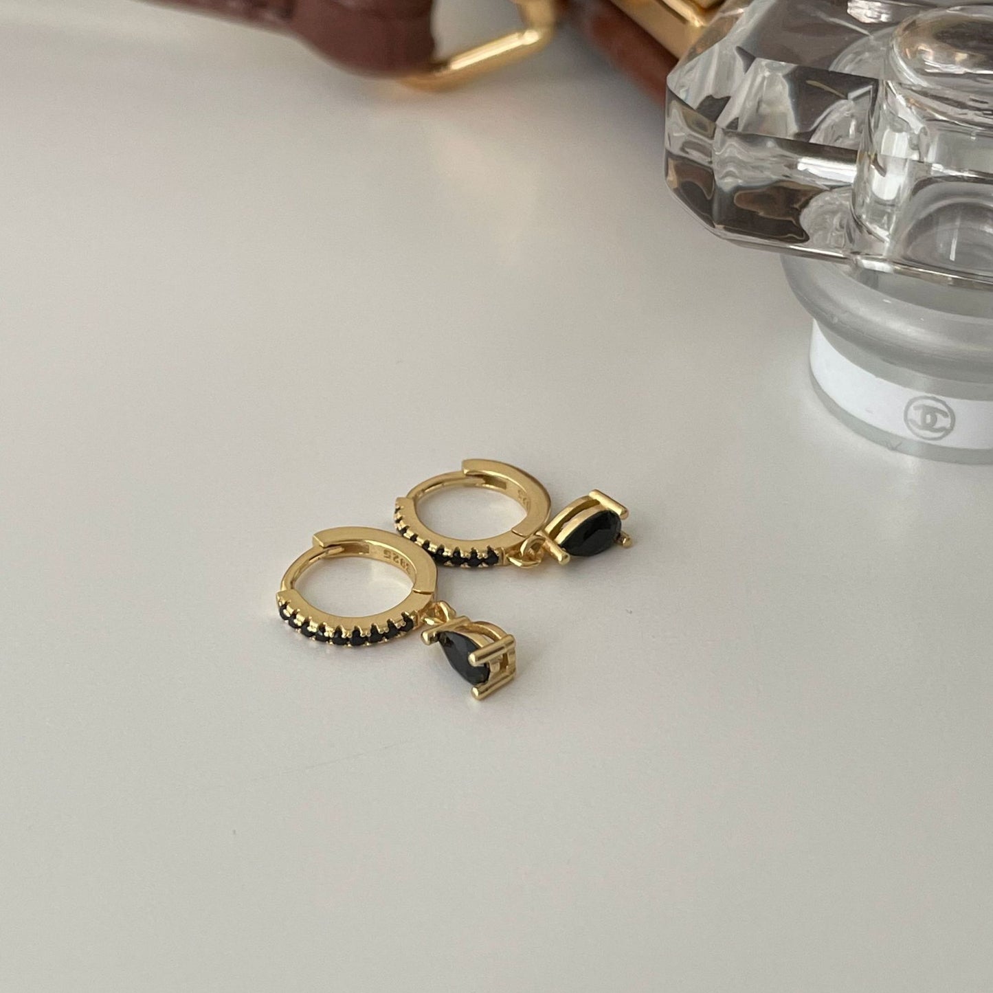 Minimalist Sweet 925 Sterling Silver Geometric Black Cubic Zirconia Plated Hoop Earrings for Women