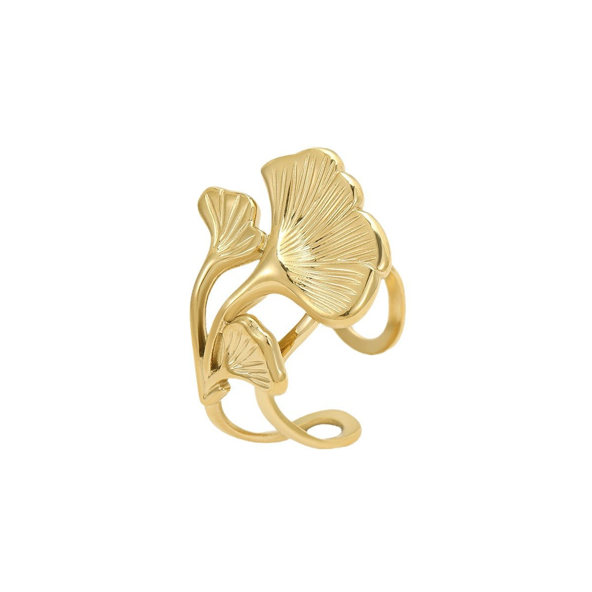 Anello Minimalista con Foglia di Ginkgo Placcato Oro 18K in Acciaio al Titanio, Gioielli di Moda da Donna
