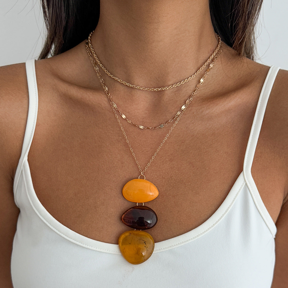 Elegant Geometric Square Resin Gemstone Pendant Necklace Plated Alloy Layered Cable Chain for Women