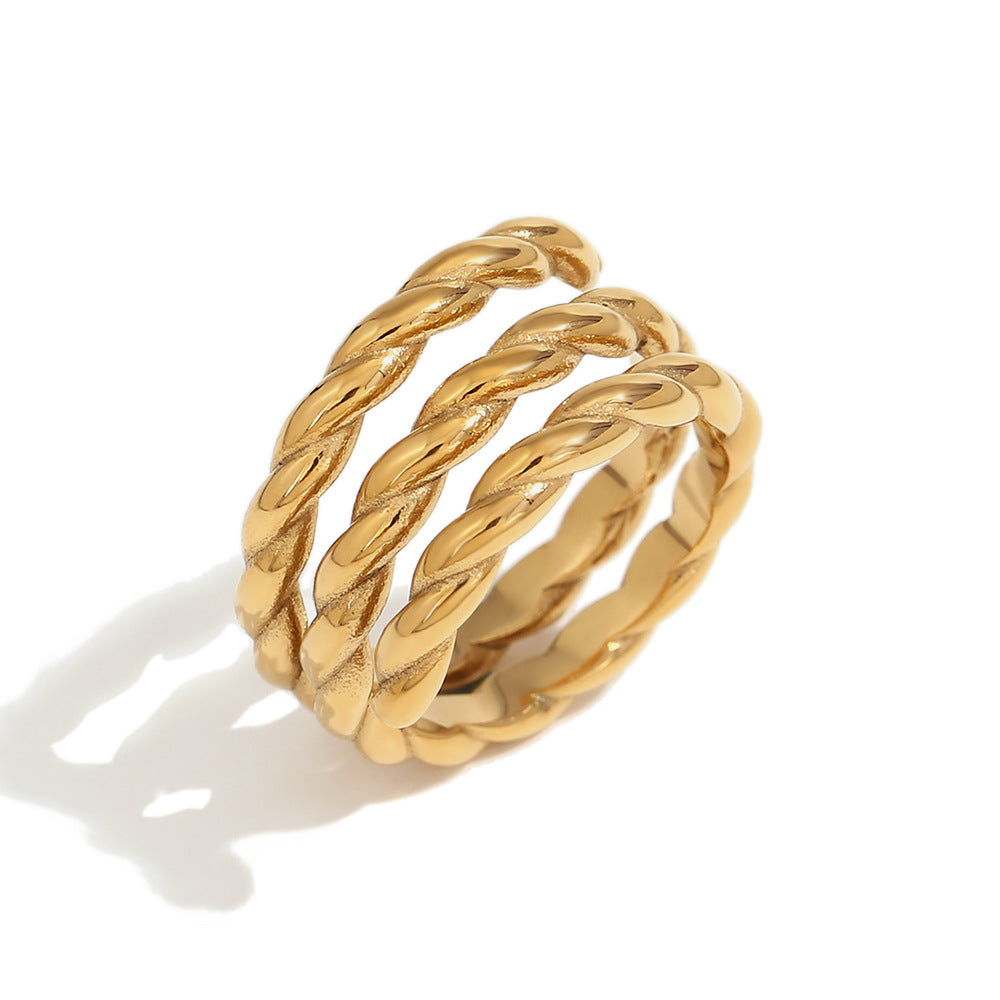 Anillo Abierto Minimalista Geométrico de Triple Espiral Retorcida de Acero Inoxidable con Baño de Oro de 18K para Mujer