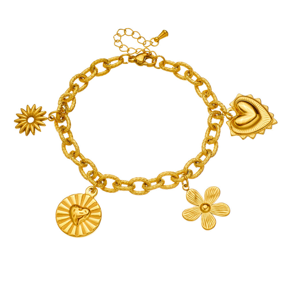 Elegante ciondolo per collana in acciaio inossidabile placcato oro, robusto, con design a cuore e floreale da donna