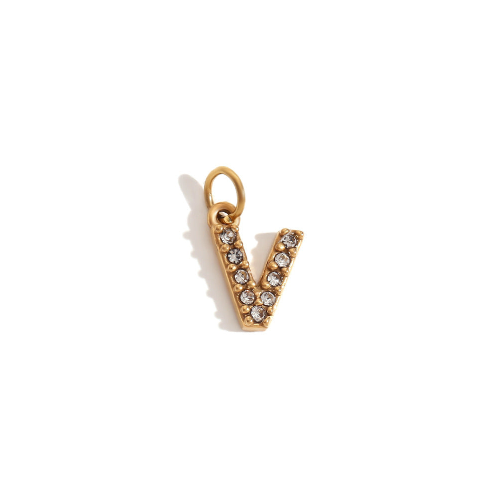 Collana pendente con iniziale in acciaio inossidabile placcato oro 18K e intarsio di strass, stile minimalista