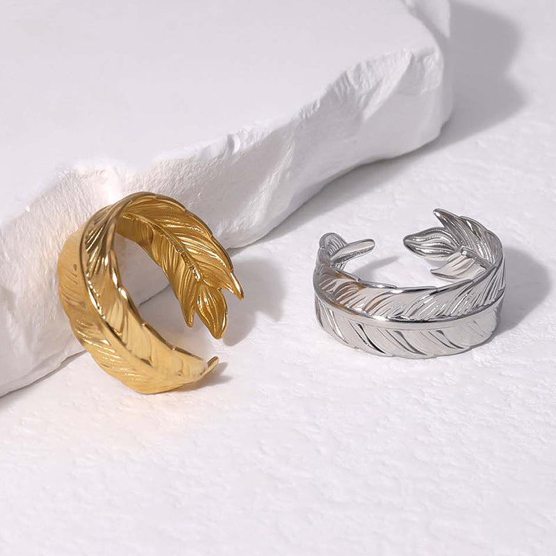 Minimalist Feather-Shaped Titanium Steel Ring with 18K Gold Plating for Women