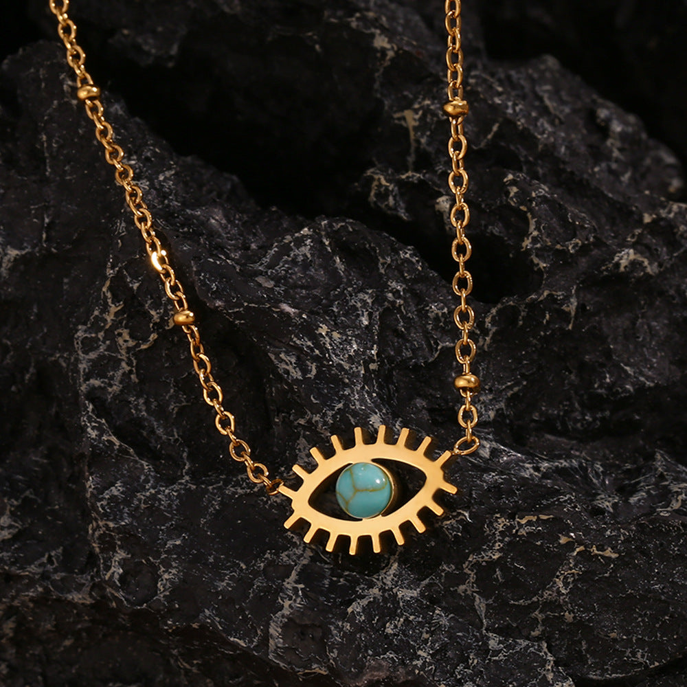 Collana da donna con ciondolo a occhio turchese piccolo, geometrico minimalista, in acciaio inossidabile placcato oro 18 carati