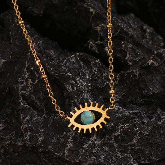 Collar con colgante minimalista de ojo turquesa pequeño de acero inoxidable con baño de oro de 18 quilates para mujer