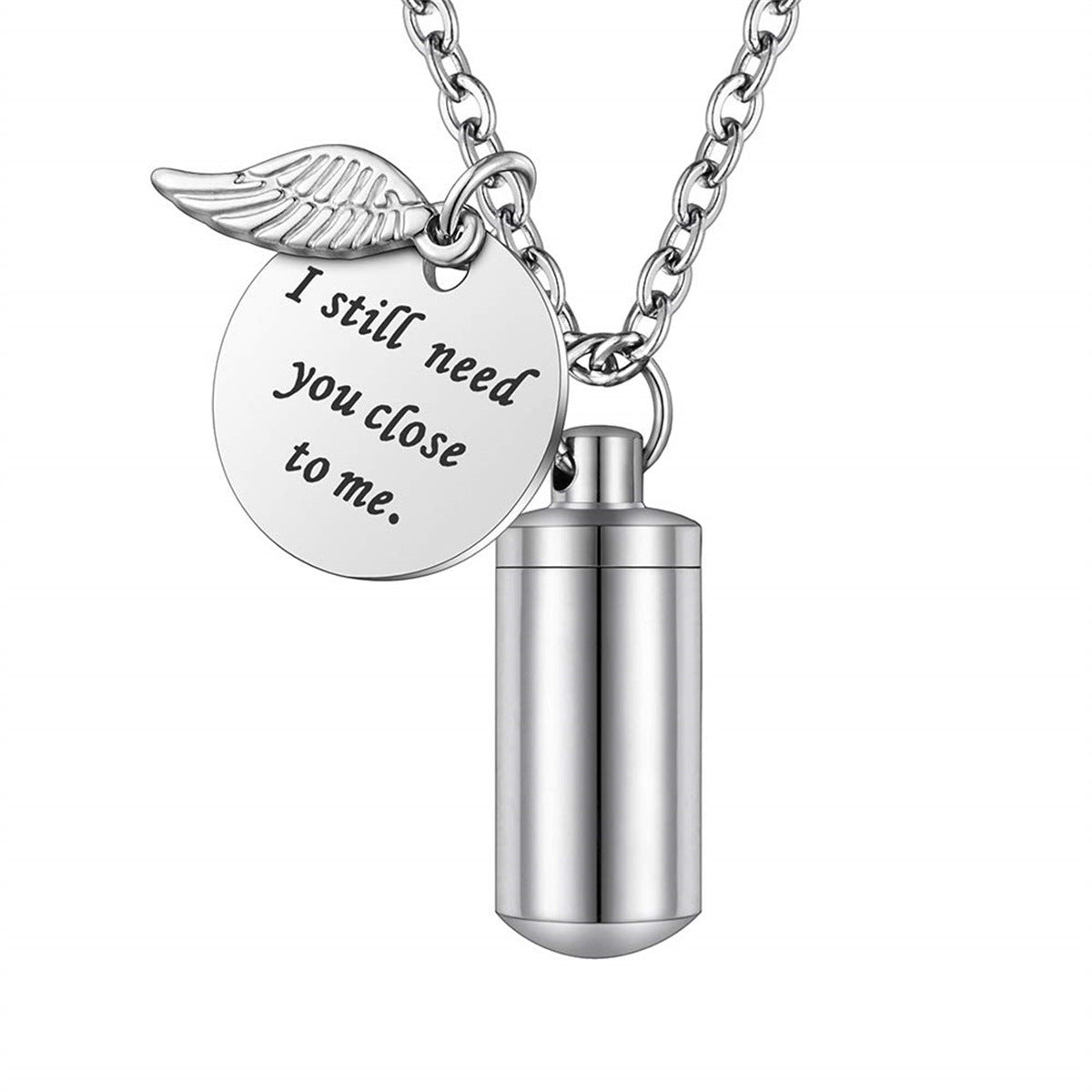Personalized Stainless Steel Angel Wing Pendant Necklace with Hollow Cylinder Design for Pet Memorial Keepsake Unisex
