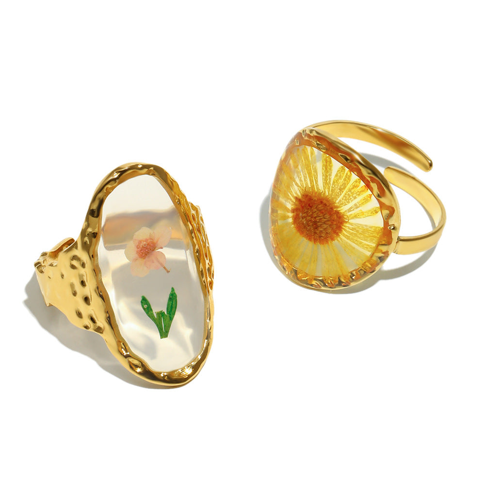 Anello Ovale a Margherita Minimalista da Donna in Acciaio Inossidabile con Placcatura Oro 18K e Finitura Smaltata