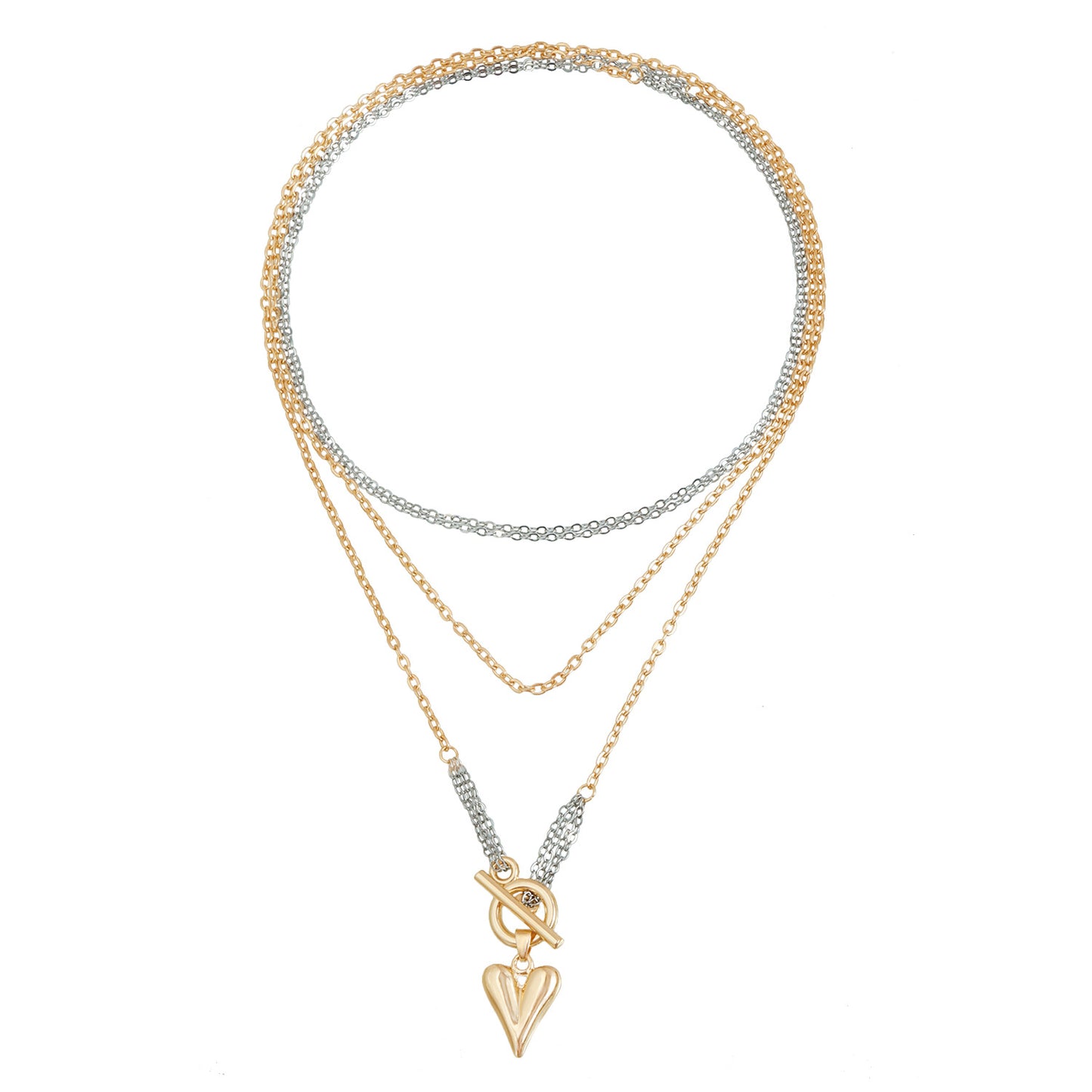 Vintage Style Heart-Shaped Alloy Pendant Necklace with Gold and Silver Plating for Women, Layered Clavicle Chain with Toggle Clasp