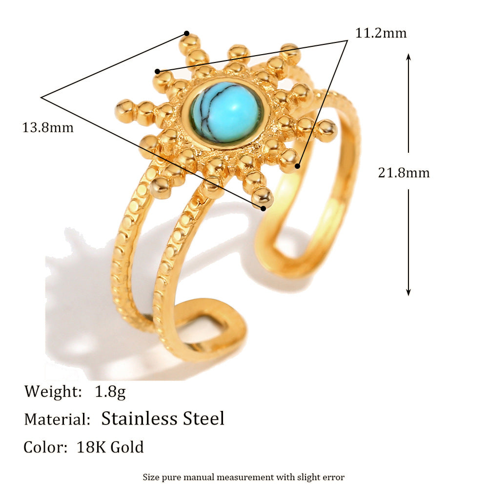 French Style Floral Sun-Shaped Stainless Steel Ring with 18K Gold Plating and Natural Turquoise for Women