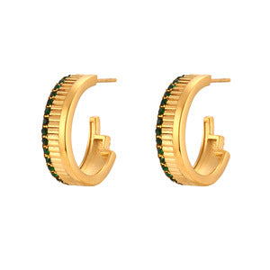 Fashion Minimalist Geometric C-Shaped Zirconia-Set Stainless Steel Earrings with 18K Gold Plating for Women