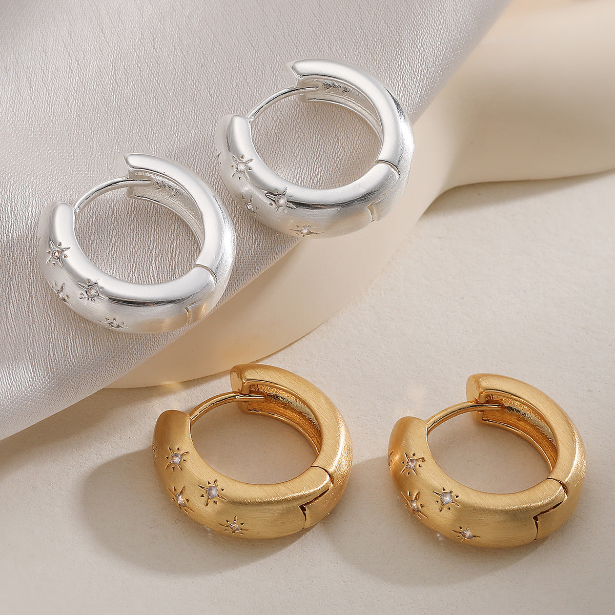 Vintage 18K Gold Plated Brass Brushed Star Hoop Earrings with Cubic Zirconia for Women