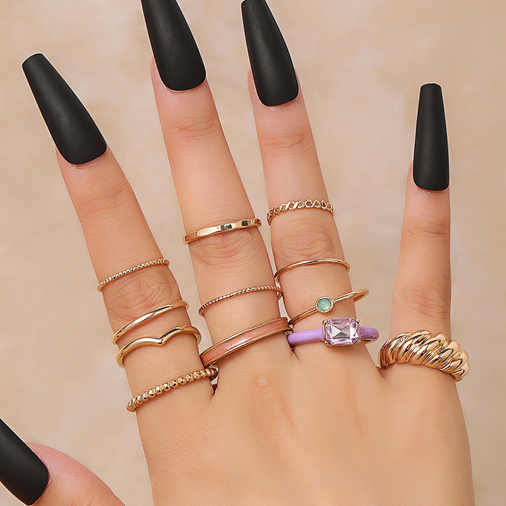 Minimalist Sweet Gold Plated Geometric Round Alloy Rhinestone Knuckle Ring Set for Women