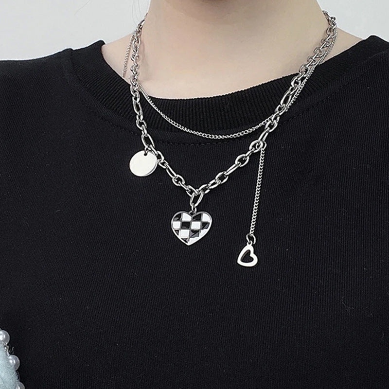 Sweet and Edgy Black and White Checkered Heart Pendant Necklace in Stainless Steel with Plated Finish