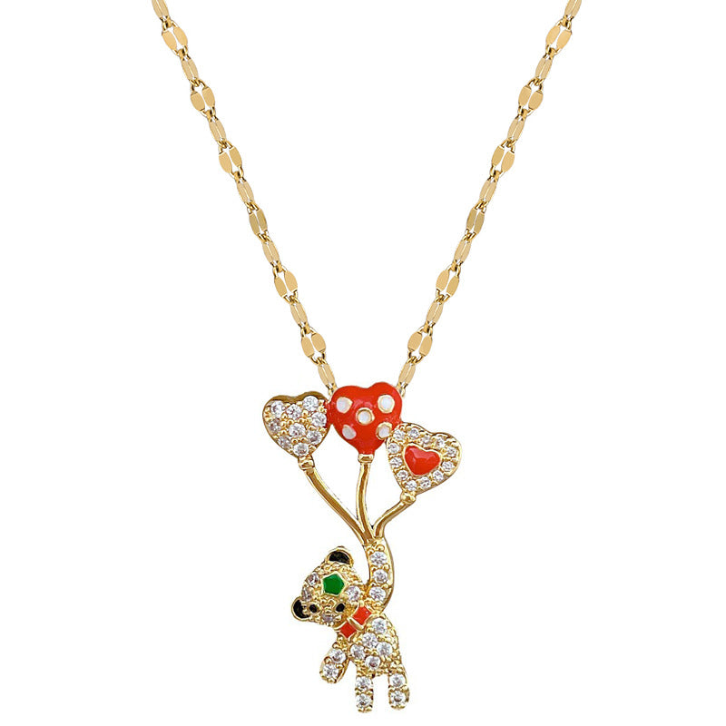 Luxury Titanium Steel Geometric Bear Pendant Necklace for Women with Rhinestone Inlay and Delicate Clavicle Chain