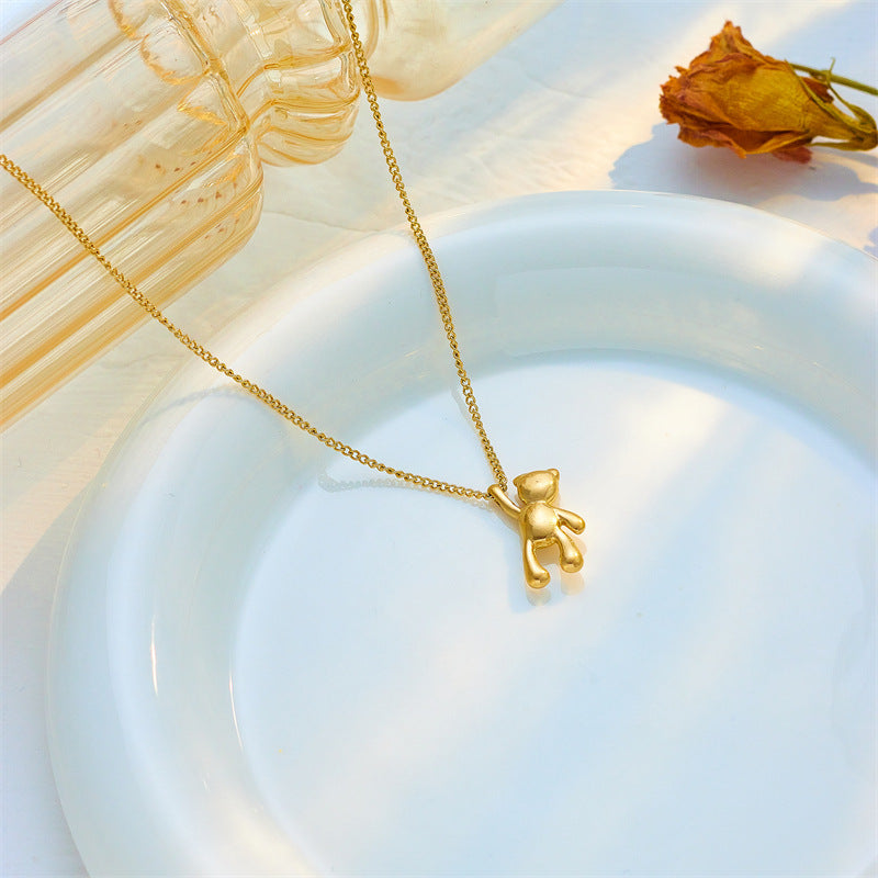 Cute 3D Bear Pendant Necklace in Titanium Steel with Polished Finish for Women