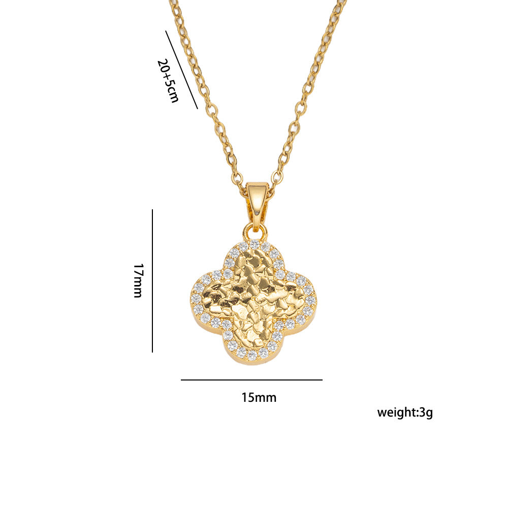 Minimalist Lucky Clover Pendant Necklace for Women in Titanium Steel with Gold Plating and Zircon Inlay on O-Chain