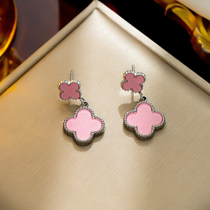 Minimalist Four-Leaf Clover Dangle Stud Earrings in Titanium Steel with Electroplated Finish for Women