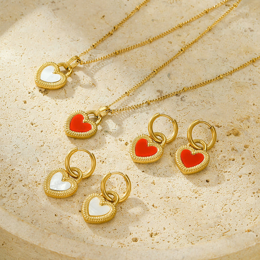 Collar y pendientes de acero inoxidable con colgante de nácar en forma de corazón de doble cara estilo vintage para mujer
