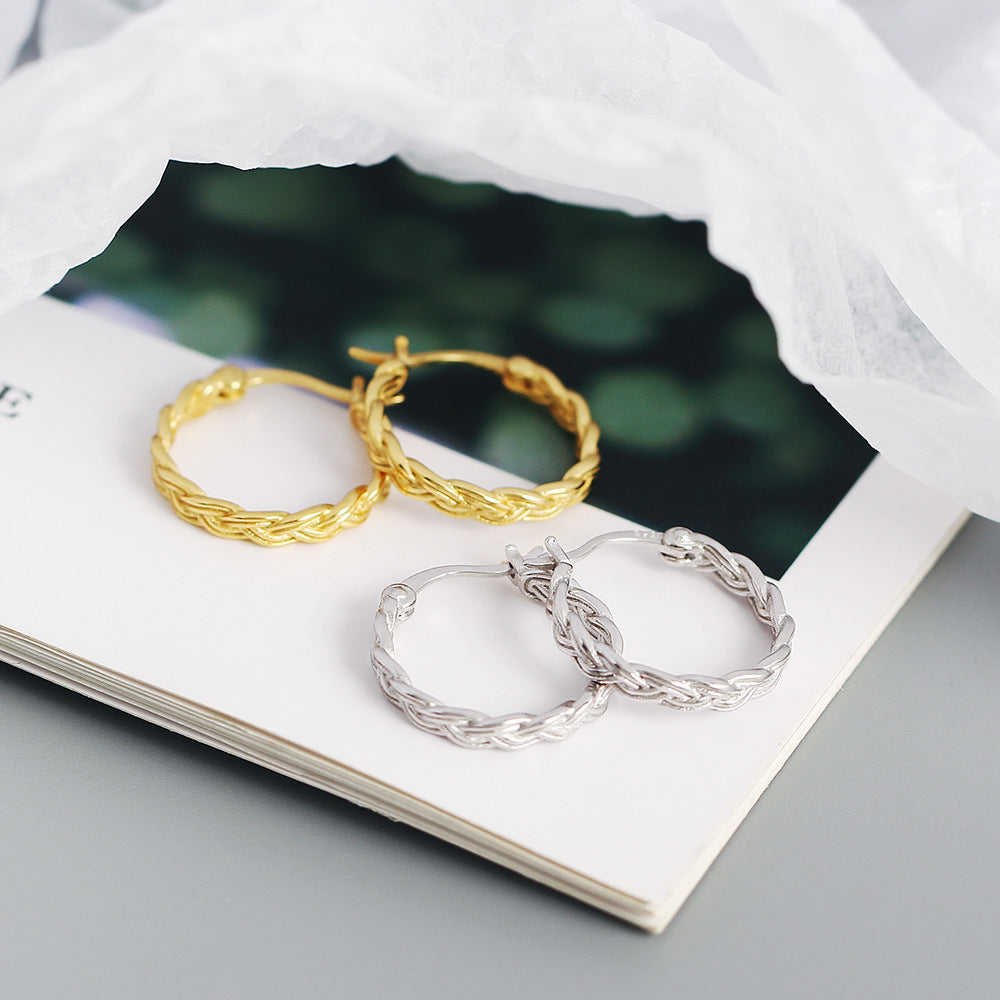 Minimalist Vintage 925 Sterling Silver Geometric Woven Hoop Earrings for Women
