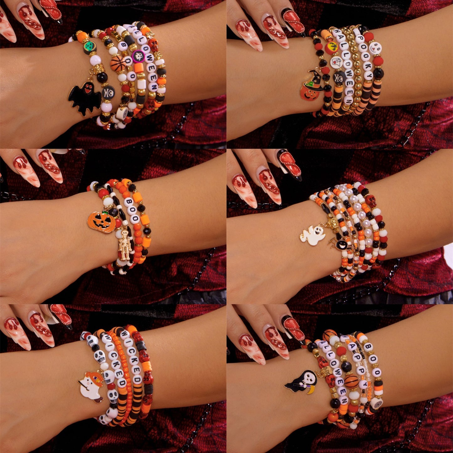 Juego de pulseras de aleación con dije de fantasma y calavera de Halloween dulce y atrevido con detalles de cuentas, regalo de festival unisex