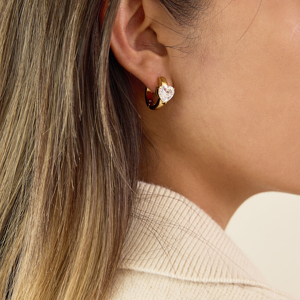 Aretes de aro geométricos de acero inoxidable con detalles de circonita bañados para mujer, joyería de oreja de moda minimalista de lujo