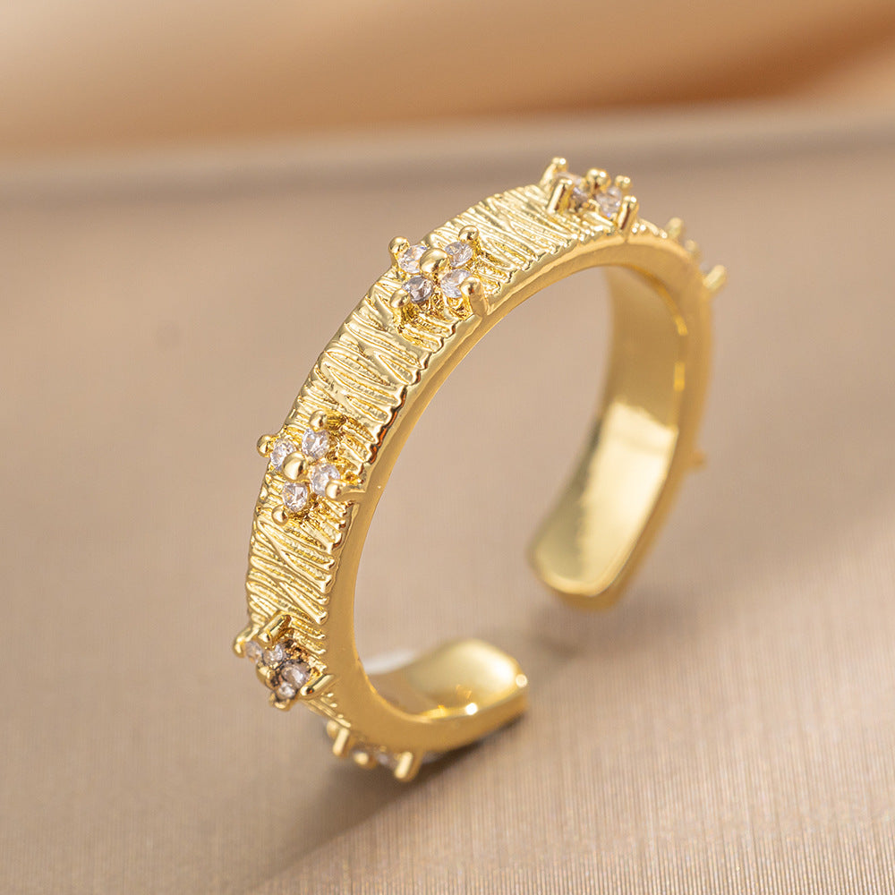 Luxury Minimalist Adjustable Open Ring for Women with Gold-Plated Copper Band and Zircon Stone Accent in Heart and Floral Shape