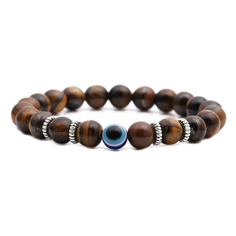 Fashion Elegant Matte Tiger Eye Volcanic Stone Lapis Lazuli Evil Eye Geometric Round Beaded Stretch Bracelet Unisex