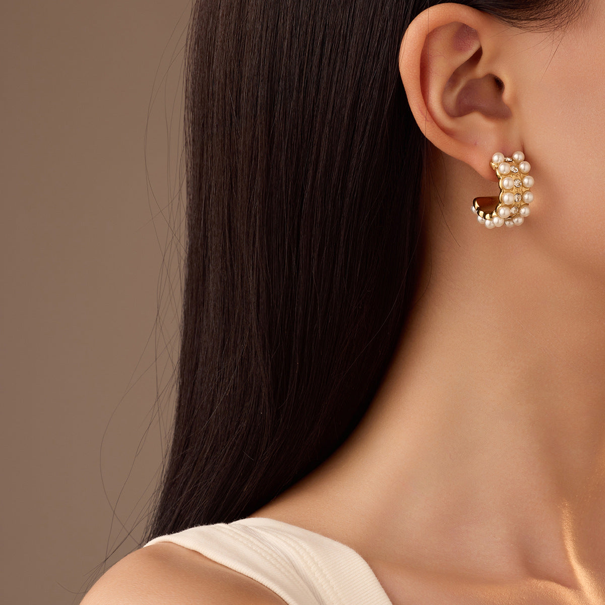 Minimalist C-Shaped Titanium Steel Earrings with Pearl and Zircon Inlay for Women