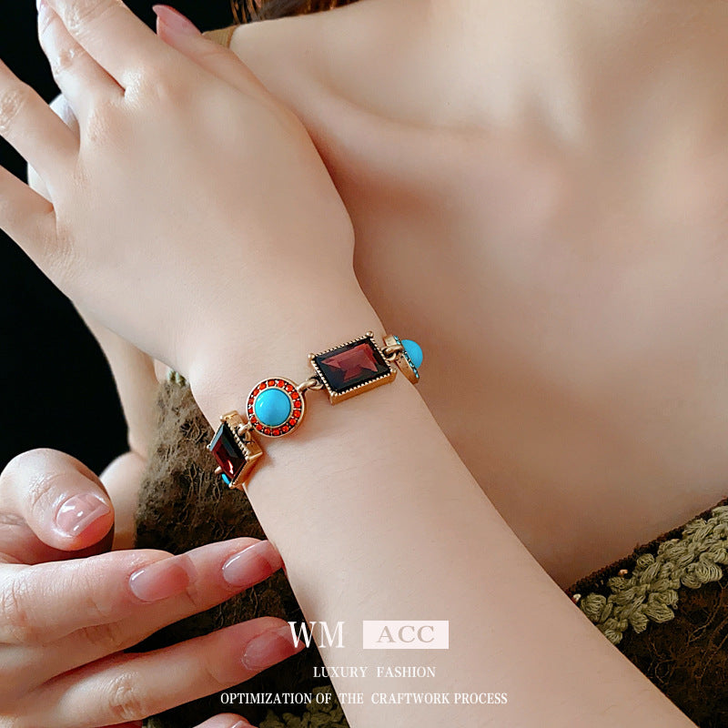 Vintage Style Geometric Pendant Earrings and Bracelet Set in Alloy with Rhinestone Inlay and Plated Finish for Women