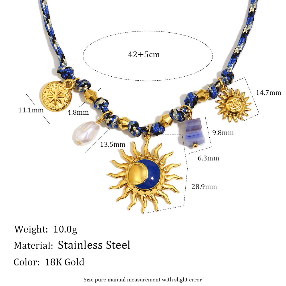 Luxury Geometric Stainless Steel Plated 18K Gold Sun Pendant Necklace with Enamel Detail for Women