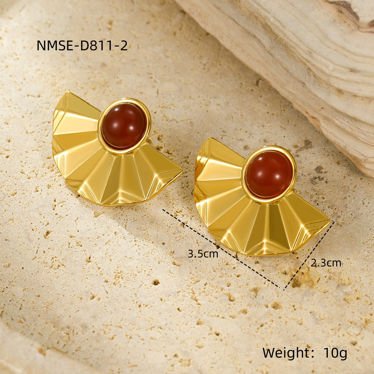 Pendientes de tuerca de acero inoxidable semircirculares con forma de abanico, minimalistas de lujo, con incrustaciones de piedra natural y acabado chapado