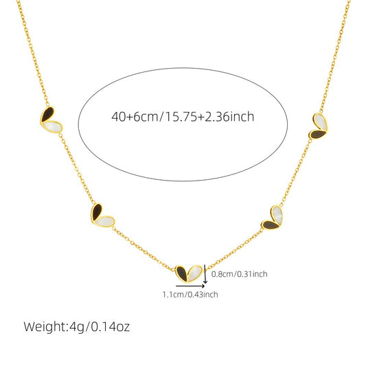 Minimalist Elegant Black and White Two-Tone Heart Stainless Steel Plated Necklace Earring Bracelet Set with Cable Chain