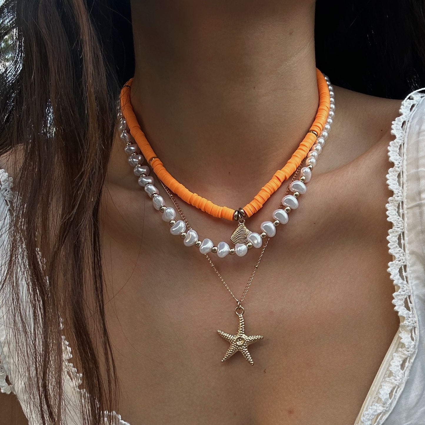 Bohemian Baroque Imitation Pearl Starfish Shell Bead Necklace for Women