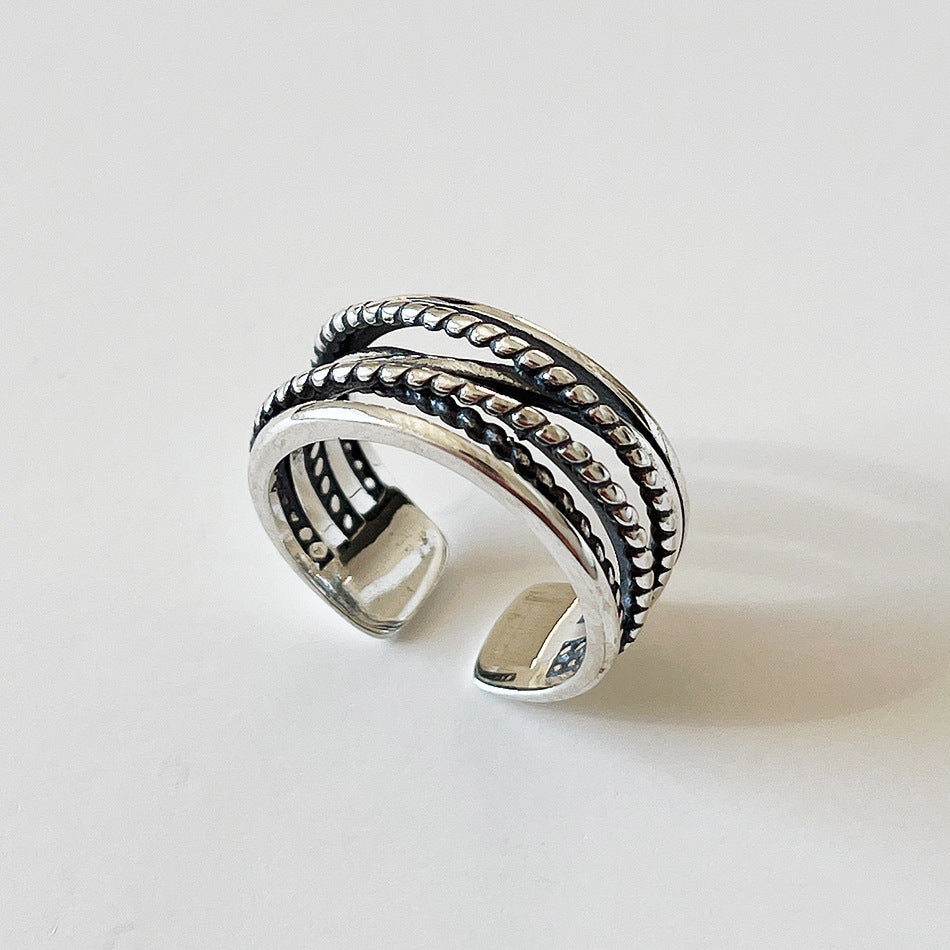 S925 Sterling Silver Twisted Rope Textured Vintage Adjustable Open Ring for Women