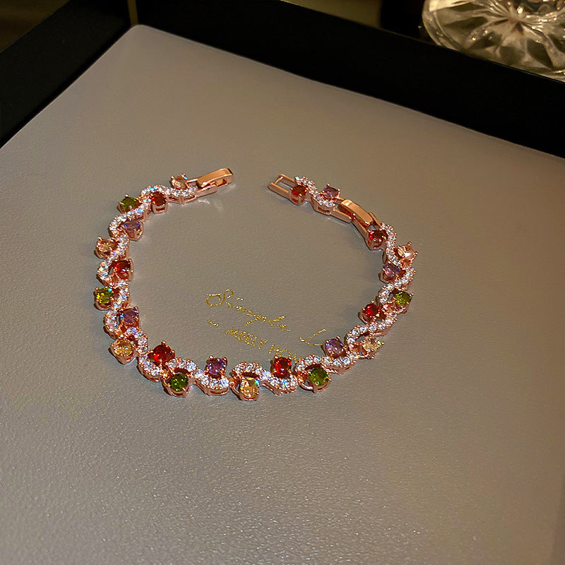 Vintage Luxury Floral Rhinestone Inlay Plated Brass Bracelet for Women