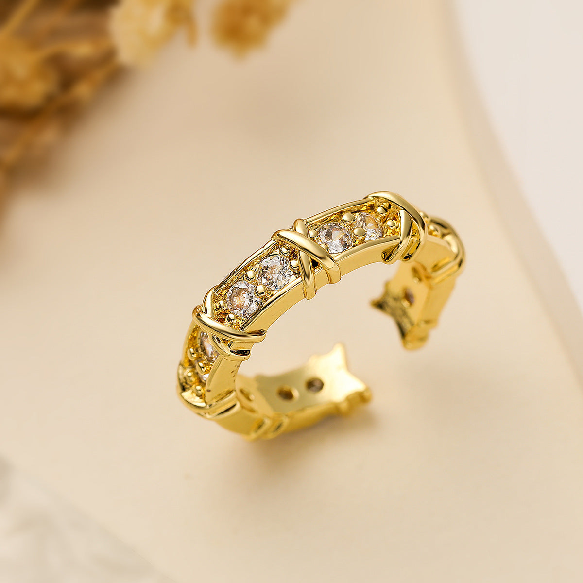 Geometric Open Ring for Women with Copper Base Plated in 18K Gold and Micro-Paved Zirconia, Fashion-Forward Minimalist Design