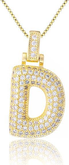 14K Gold Plated Brass Letter Pendant Necklace with Cubic Zirconia Inlay Box Chain for Women