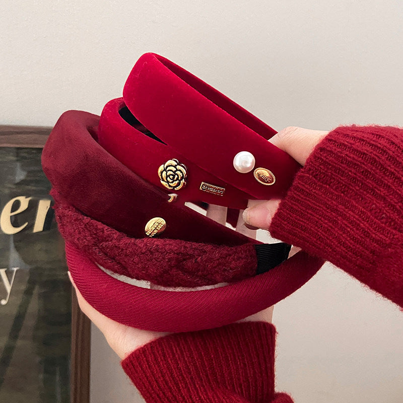 Elegante Cerchietto Francese Vintage in Velluto Rosso da Donna con Design Rotondo Minimalista Chic Copricapo per Acconciature con Corona Alta