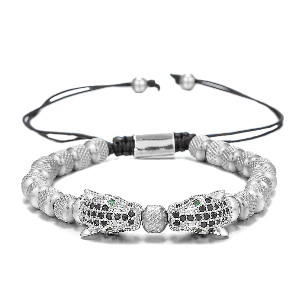 Vintage Leopard Head Hand-beaded Titanium Steel Bracelet with Cubic Zirconia Adjustable Pineapple Beads for Unisex
