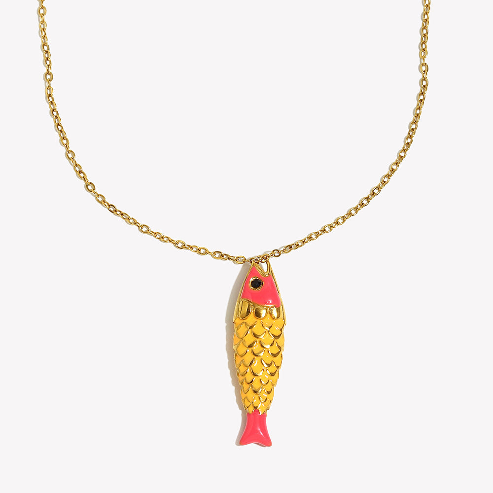 Luxury Minimalist Fish-Shaped Stainless Steel Plated 18K Gold Enamel Necklace for Women