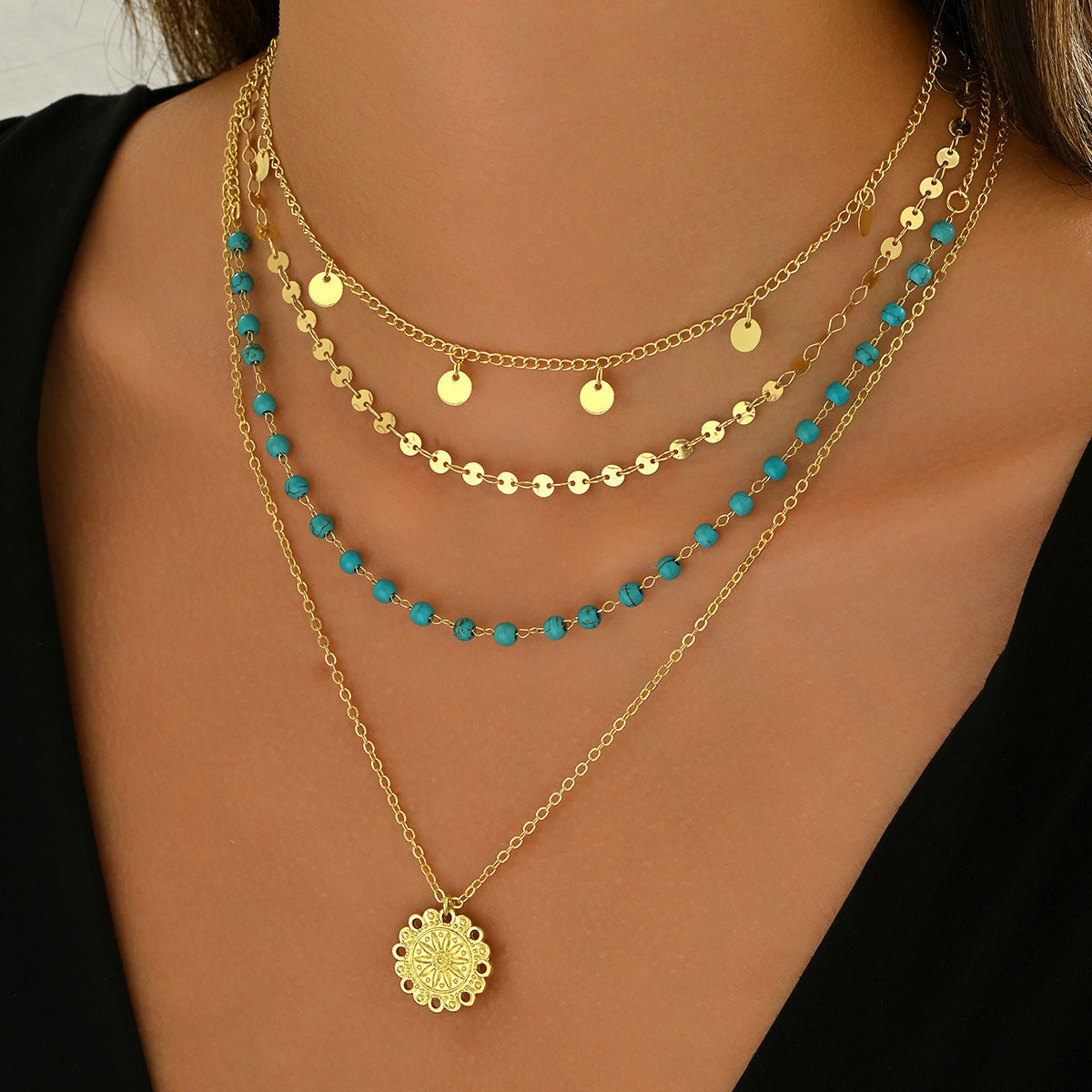 Geometric Floral Turquoise Inlay Pendant Necklace for Women with Multi-Layer Clavicle Chain in Zinc Alloy